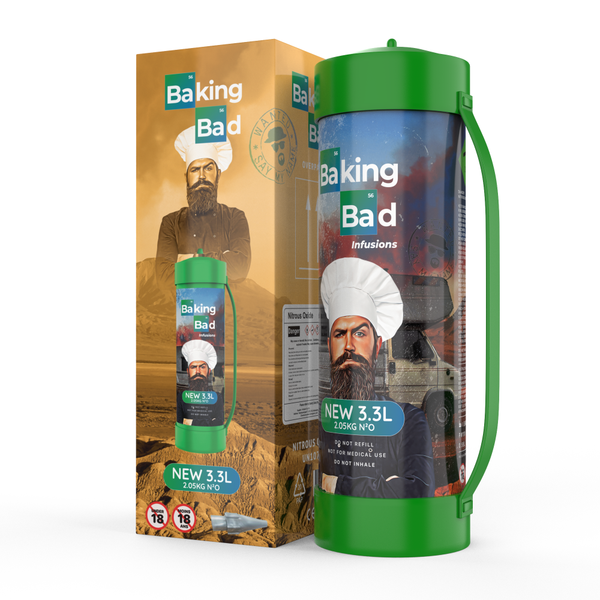 Baking Bad 3.3L whipped cream charger with retail packaging for professional kitchen and cafe use