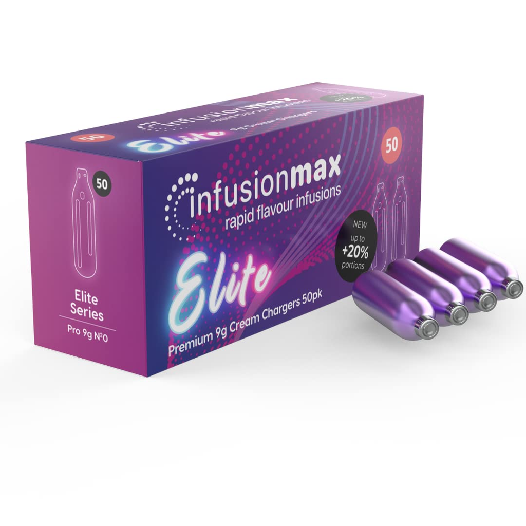 InfusionMax Elite 9g Whipped Chargers for cream whippers, delivering consistent whipped cream, foams, and culinary creations.