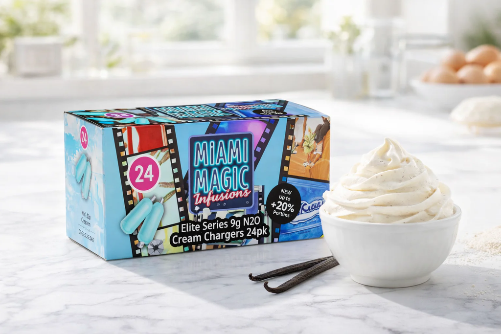 Miami Magic chargers delivering consistent whipped cream texture, stable peaks, and reliable performance for cafés and bakeries.