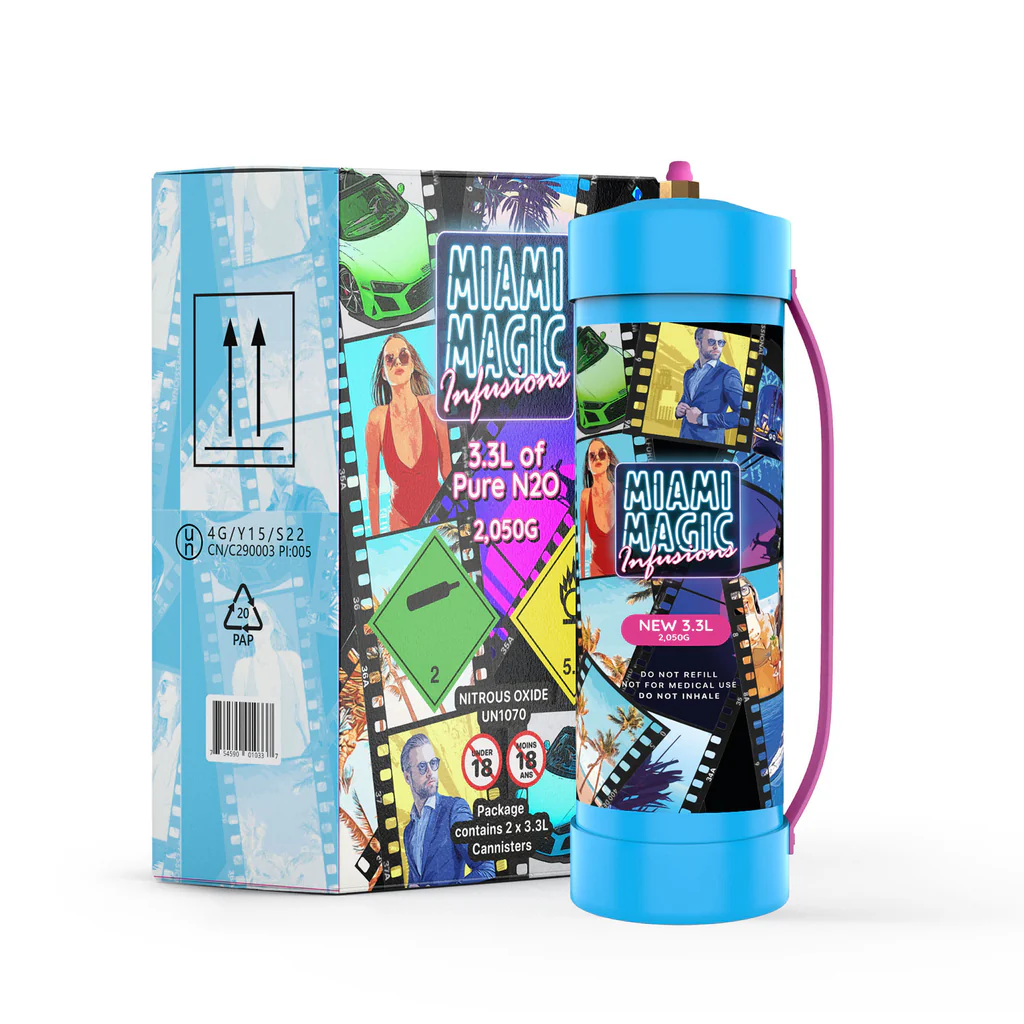 Miami Magic Infusions 2050g nitrous oxide cannister with retail packaging for professional whipped cream and food preparation