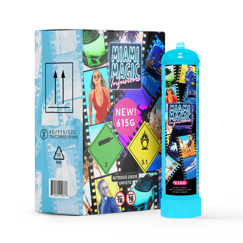 Miami Magic Infusions 615g N2O canister with retail packaging for whipped cream and culinary infusion applications.