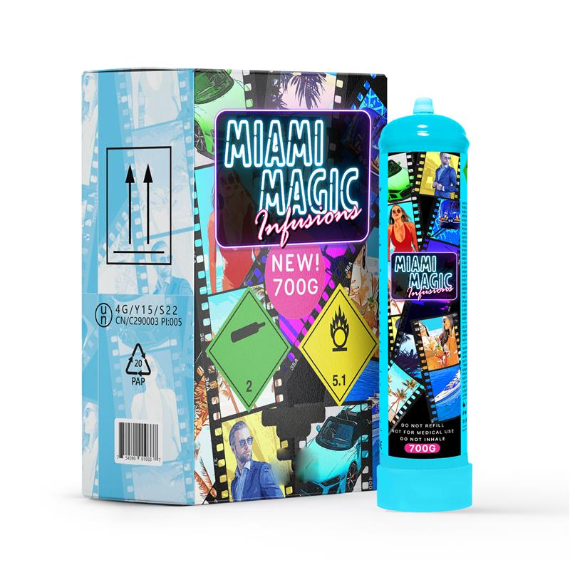 Miami Magic Infusions 700g N2O canister packaging and product bottle for whipped cream and infusion applications.