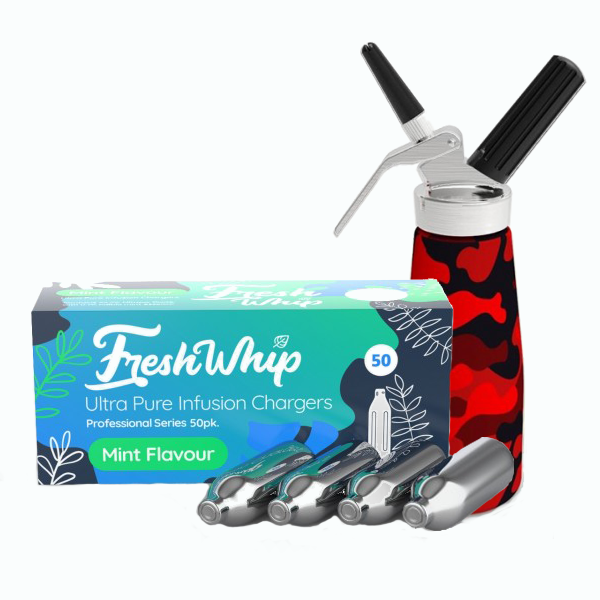 FreshWhip Cream Chargers + 0.5L Red Camo Print Dispenser | 100 - (10x 10pks) |